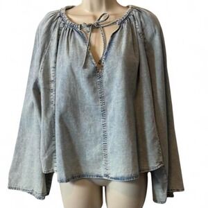 FRAME Tie Neck Denim Bell Sleeve Blouse, Women's Size S